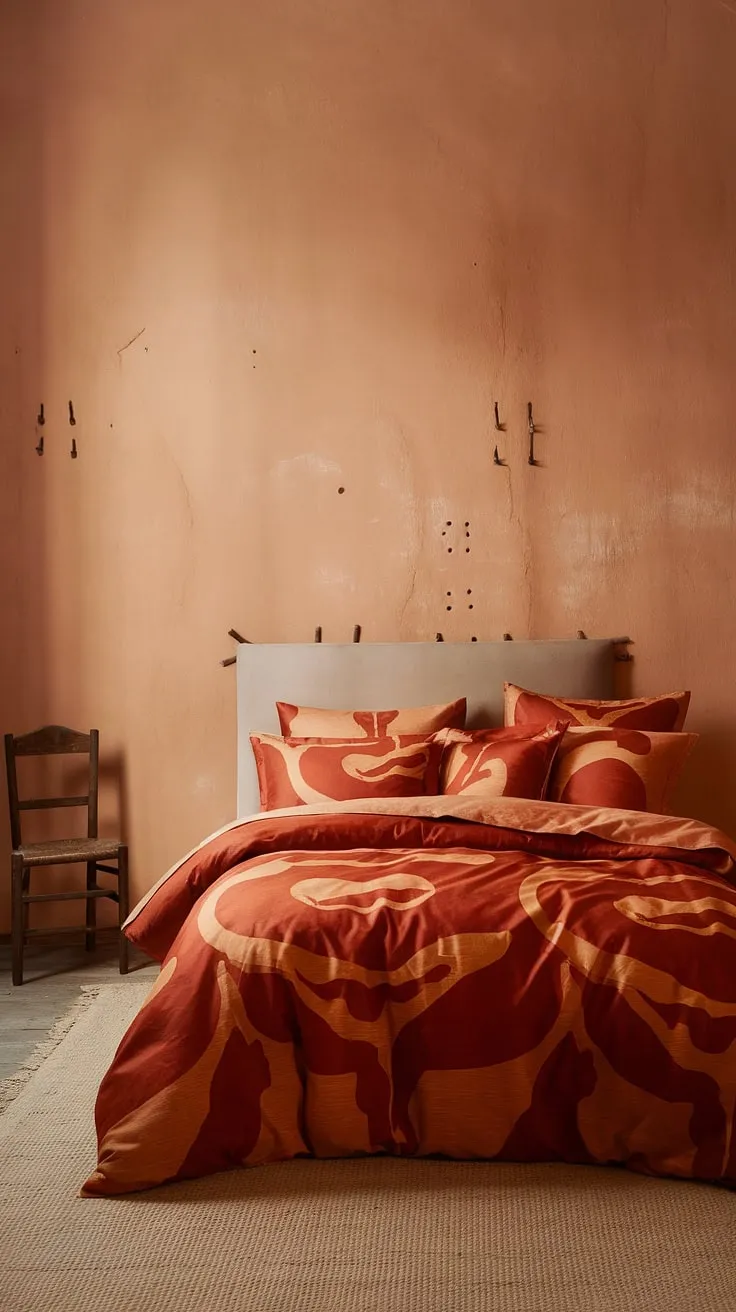 The muted beige walls whisper stories of time spent within these orange-hued sheets, a testament to simple comfort and quiet contemplation. The worn wooden chair sits patiently, a silent observer of countless sunrises and sunsets. A space where rest and reflection intertwine.