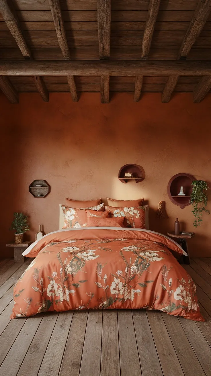 Immerse yourself in the rich hues of autumn with this burnt orange bedroom. The handcrafted wooden walls and ceiling, paired with the vibrant bedding and terracotta decor, create a truly unique and inviting atmosphere. A perfect blend of rustic elegance and modern comfort.