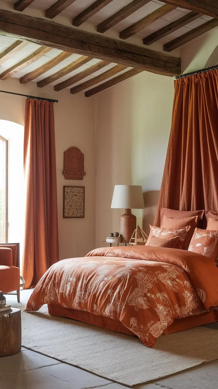 Imagine waking up in this terracotta-toned dream. The rich orange hues, complemented by the white walls and wooden beams, create a sense of warmth and calm. A truly unique and inviting bedroom, perfect for escaping the everyday.
