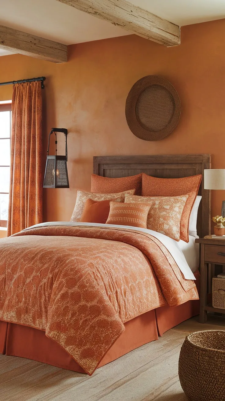 Escape to this rustic orange bedroom, where the burnt orange decor and terracotta bedding create a calming and inviting atmosphere. The warm beige walls and natural textures complete the tranquil ambiance, offering a peaceful sanctuary for restful nights.