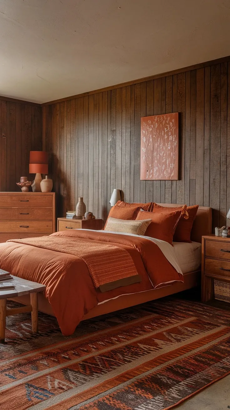 Sun-drenched warmth and earthy tones create a haven of tranquility in this rustic orange bedroom. The rich terracotta accents and wooden furniture bring a sense of comforting calm, perfect for unwinding after a long day. A space where you can truly escape and recharge.