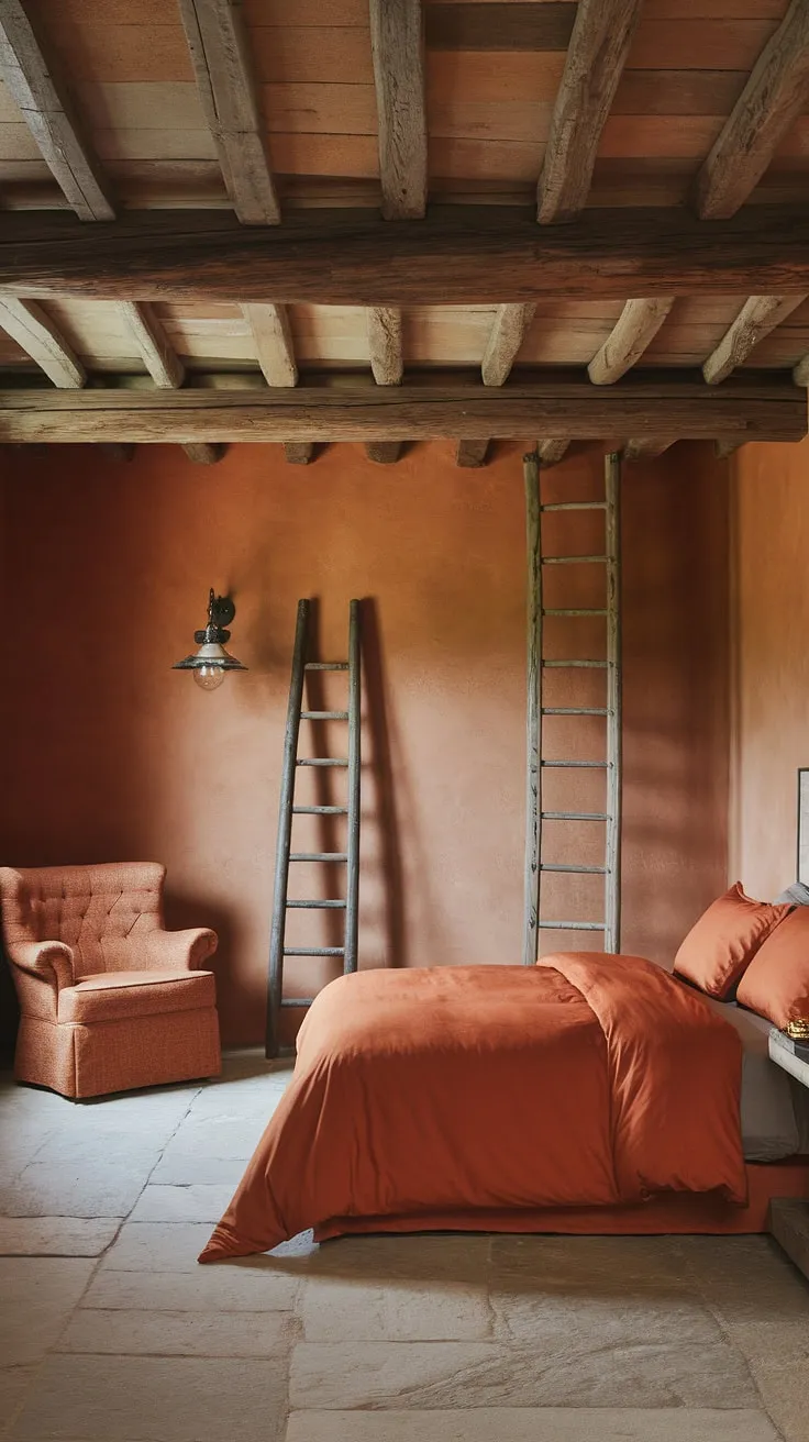 Imagine waking up in this sun-kissed haven, the warmth of the terracotta bedding enveloping you. The rustic wooden ceiling and stone floor create a grounding atmosphere, while the plush chair and vintage lighting add touches of comfort and elegance. A perfect blend of rustic charm and modern comfort.
