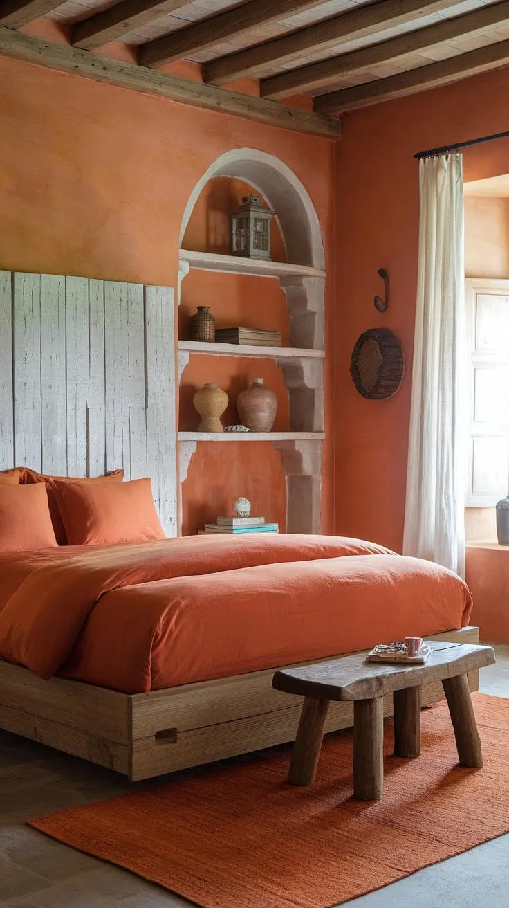 Sun-drenched mornings and cozy nights in this rustic orange bedroom. The terracotta bedding and wooden accents create a warm and inviting atmosphere, perfect for unwinding after a long day. A sense of calm pervades the space, enhanced by the simple decor and natural light filtering through the window.