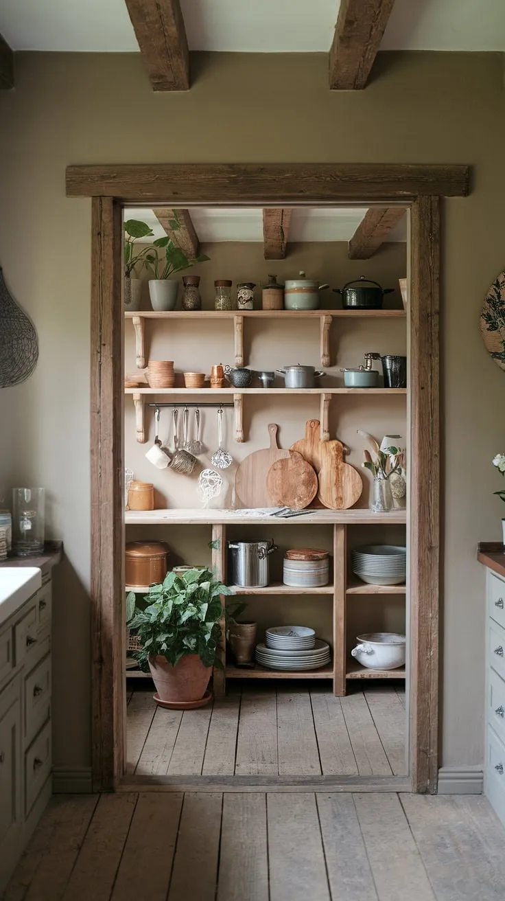 Rustic charm meets modern convenience in this boho kitchen. The butler's pantry, brimming with A curated collection of kitchen essentials and vibrant greenery, adds a touch of organized chaos to the warm, inviting space. The worn wooden floors and exposed beams only enhance the homey atmosphere.