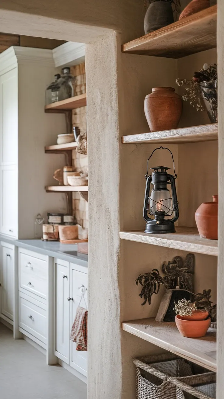 Rustic charm meets boho vibes in this dreamy pantry. The warm wood tones, dried herbs, and vintage lantern create a space that's both functional and aesthetically pleasing. A glimpse of the bright white butler's pantry beyond adds a touch of unexpected contrast. A perfect blend of old and new, this kitchen nook is a testament to thoughtful design.