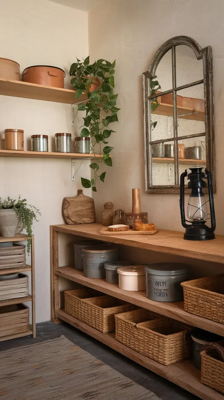 This rustic pantry, with its vintage mirror and thoughtfully arranged containers, is a haven of earthy tones and bohemian flair. The addition of a potted plant and lantern adds a touch of life and warmth, making it a truly special space. A perfect blend of style and functionality.