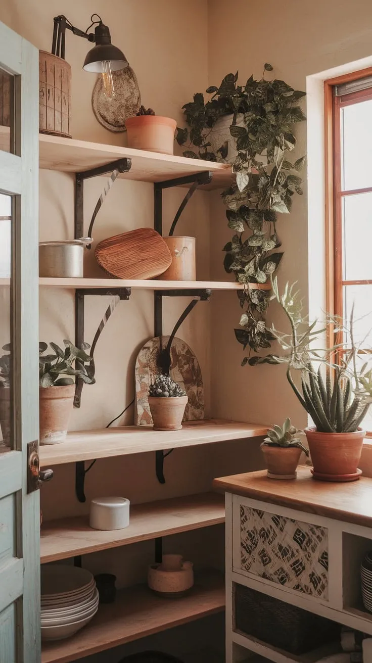 This boho-inspired pantry is a testament to rustic elegance. Wooden shelves overflow with carefully chosen ingredients, while potted plants add a touch of life and vibrancy. The soft light from the vintage lamp creates a warm and inviting atmosphere, making this space a true heart of the home. A peaceful retreat where culinary creativity thrives.