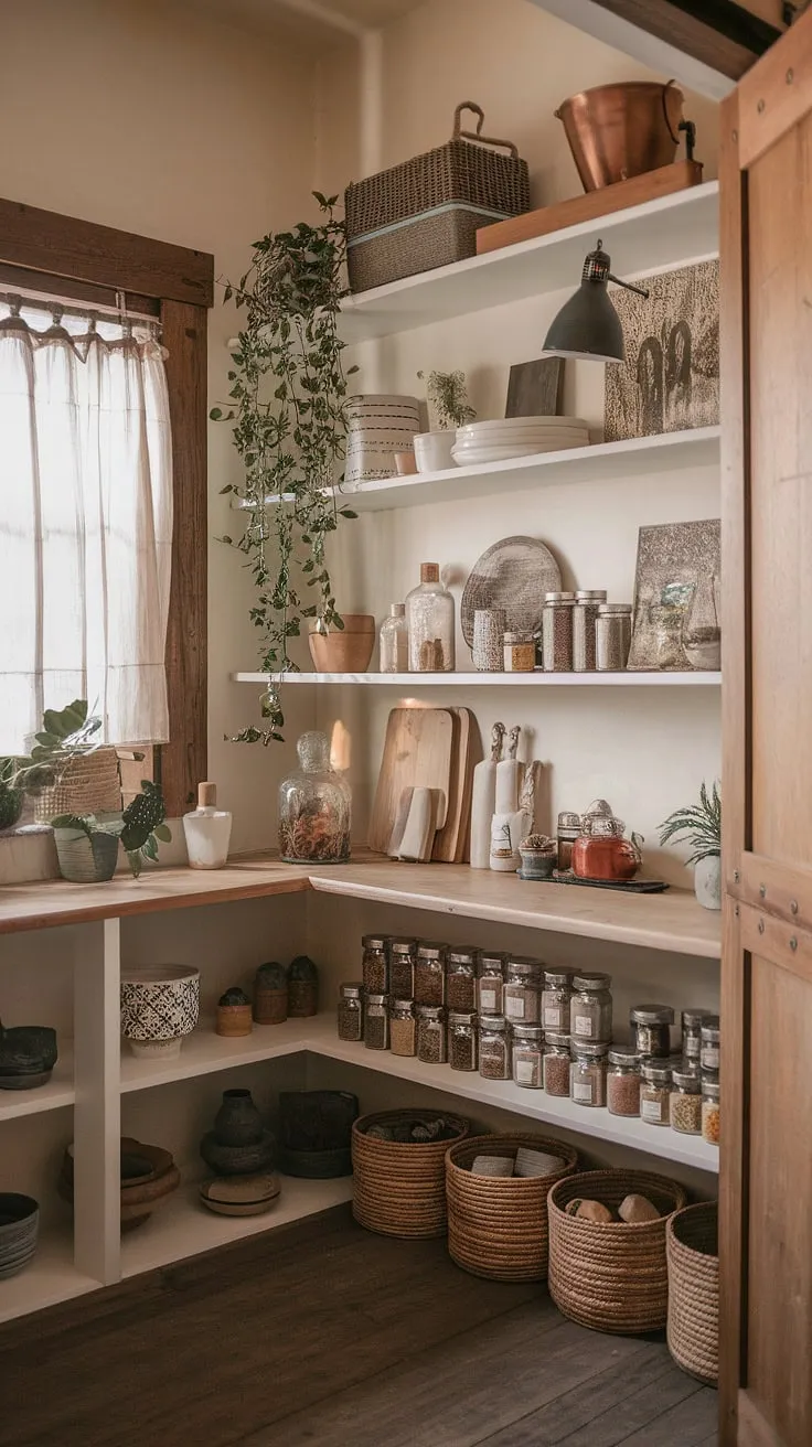 This boho-inspired pantry is a testament to the beauty of imperfection. Rustic shelves overflow with treasured jars, decorative accents, and flourishing greenery, all bathed in the soft glow of a vintage lamp. The aged wood and textured details create a space that feels both inviting and uniquely personal; a true reflection of its inhabitant's style.
