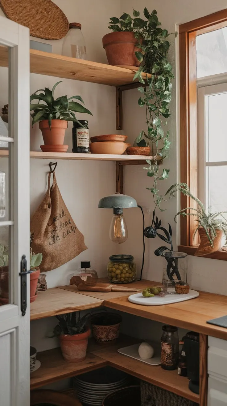Sunlight streams through the window, illuminating the rustic charm of this boho pantry. A vintage lamp casts a warm glow on the wooden shelves, showcasing jars of olives, a burlap sack, and thriving potted plants, creating a cozy and inviting atmosphere. This is where culinary adventures begin.