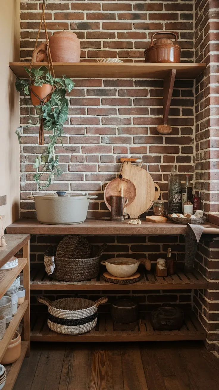 Rustic charm meets boho vibes in this earthy kitchen pantry. The aged brick wall provides a stunning backdrop for the wooden shelving, showcasing a well-loved collection of kitchen essentials, from a sturdy pot to a worn wooden spoon. A hanging plant adds a touch of life to this cozy, functional space. A sense of warmth and homeliness pervades every detail.