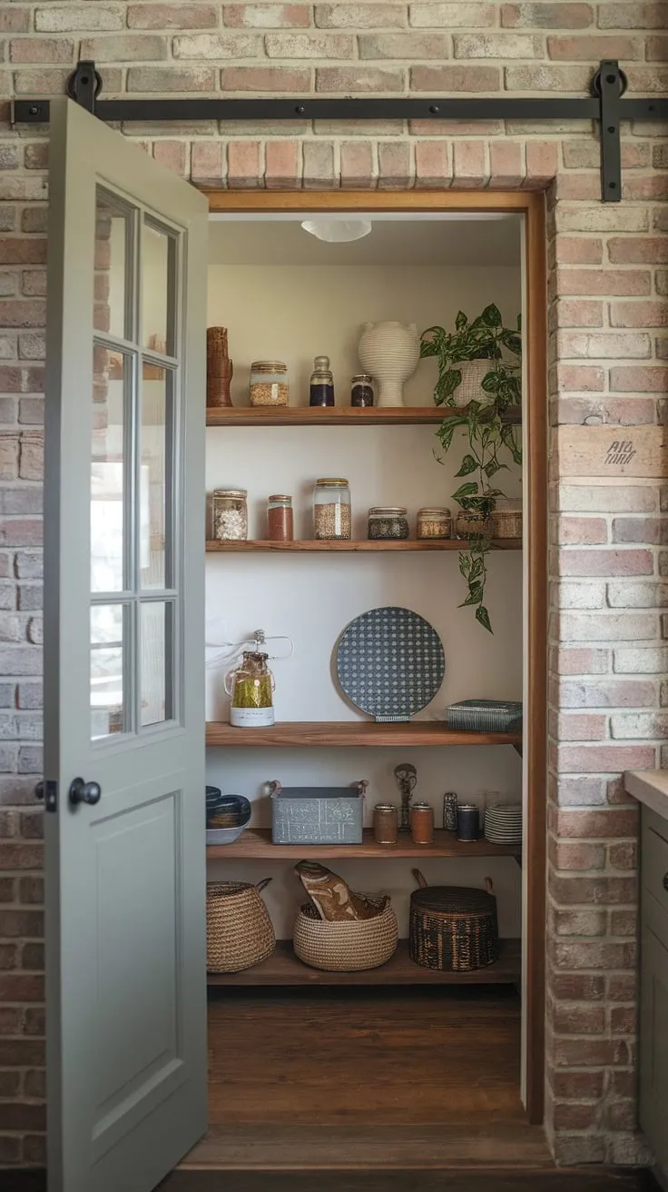This earthy, rustic pantry is a dream come true. The exposed brick, wooden floors, and charming details like the windowed door and handcrafted shelving, filled with jars, a basket, and a thriving plant, create a space that's both functional and utterly captivating. A testament to the beauty of simple, well-designed storage.