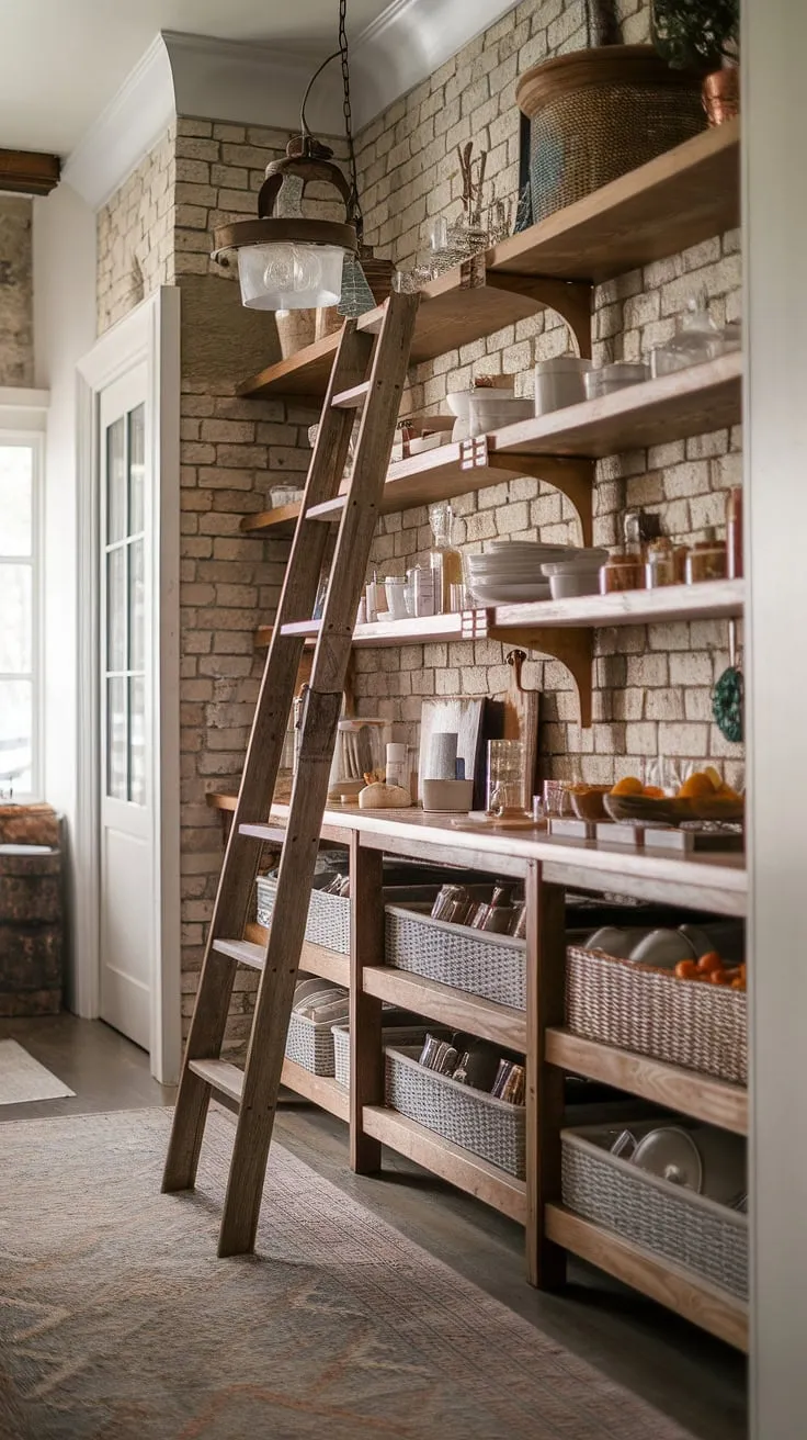 Rustic charm meets bohemian spirit in this cozy pantry. The aged brick, wooden ladder, and eclectic collection of jars and baskets create a space that's both functional and visually stunning. A vintage light fixture adds a touch of warmth, illuminating the carefully curated collection of pantry staples. The patterned rug underfoot completes the inviting atmosphere.