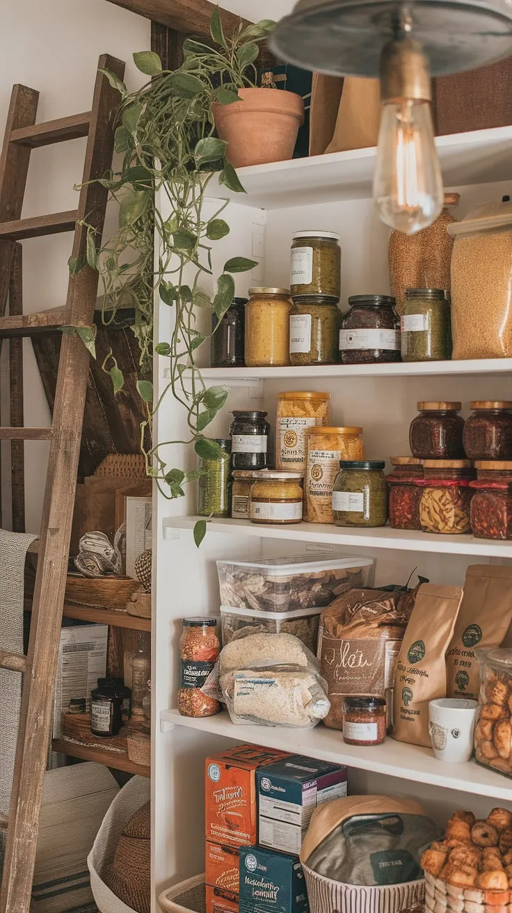 The heart of this rustic boho home is its pantry, a testament to simple living and mindful eating. A vibrant collection of preserved goods, grains, and pasta sits alongside a thriving potted plant, creating a space that's both functional and aesthetically pleasing. A wooden ladder and vintage light fixture add to the charming, earthy ambiance. A perfect blend of practicality and beauty.