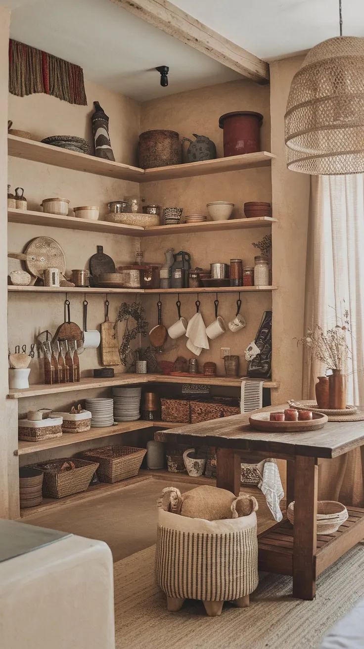 Warmth, texture, and the comforting aroma of home-cooked meals fill this rustic boho kitchen. The aged wood and thoughtfully curated pantry whisper stories of cherished recipes and family gatherings. A haven of earthy tones and natural materials, it's a space where memories are made.