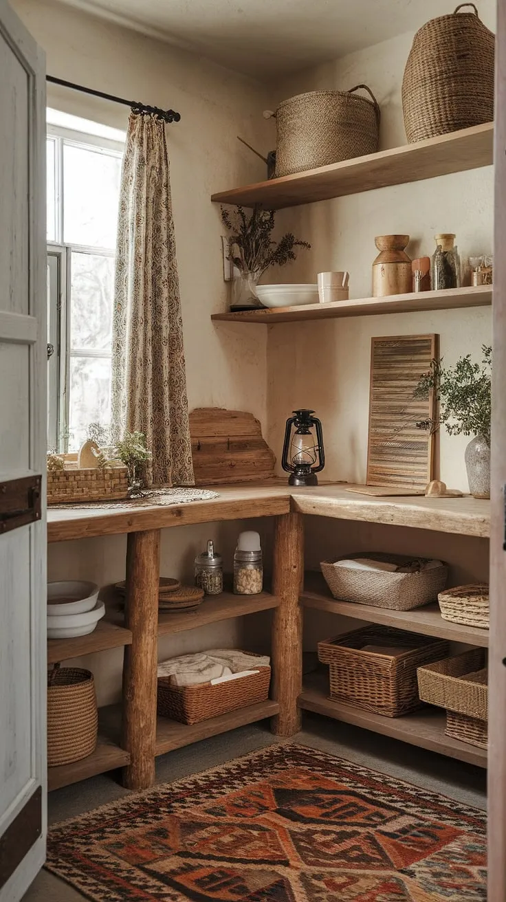 Sunlight streams through the window, illuminating this charming bohemian pantry. A curated collection of dried herbs, a rustic wooden countertop, and a patterned rug underfoot create a space that's both practical and aesthetically pleasing. A testament to the beauty of simple living.