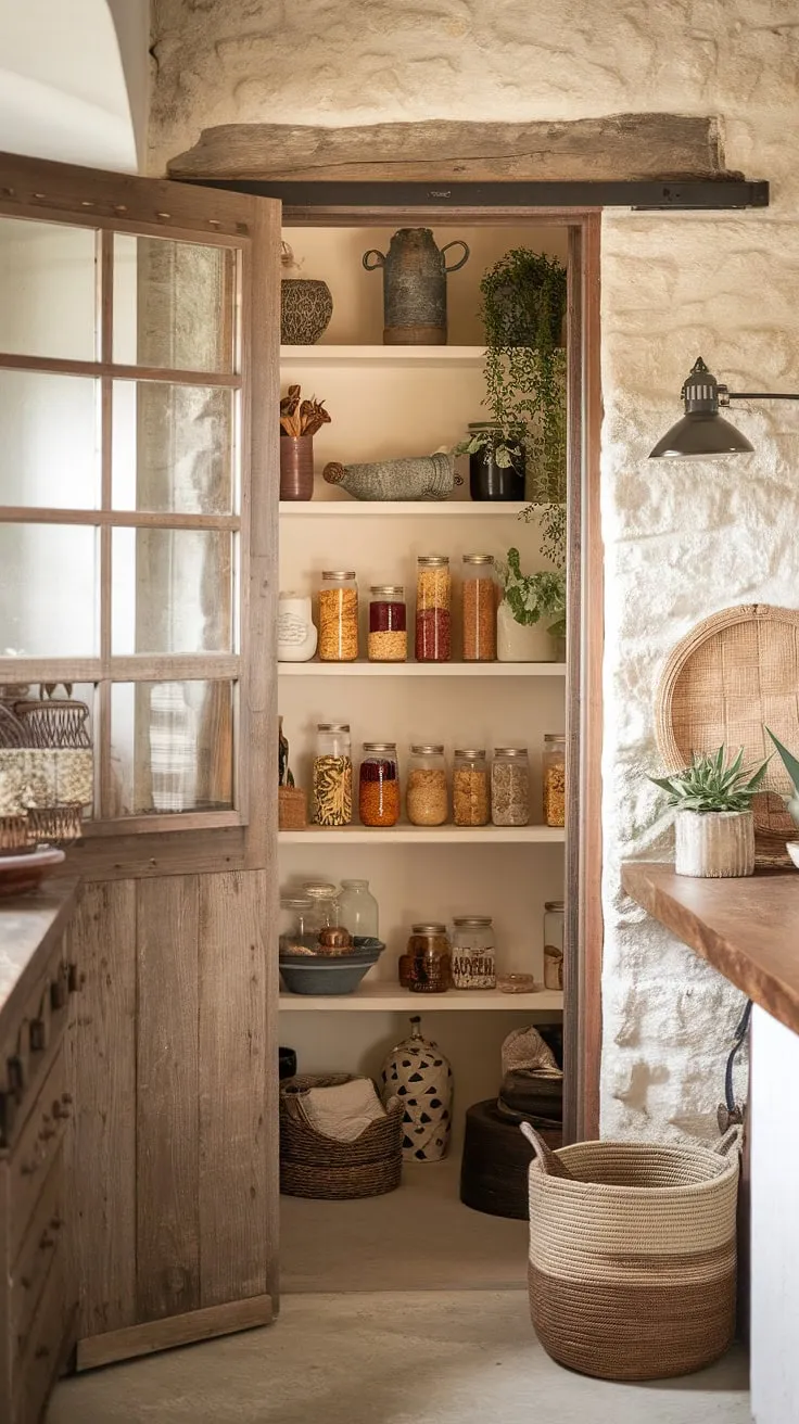 Sun-drenched stone walls and a weathered wooden door frame a pantry bursting with rustic charm and boho-chic style. A collection of preserved foods, vibrant plants, and unique finds create a captivating display, reflecting a life rich in simple joys and heartfelt connections. A true testament to the beauty of a well-loved home.