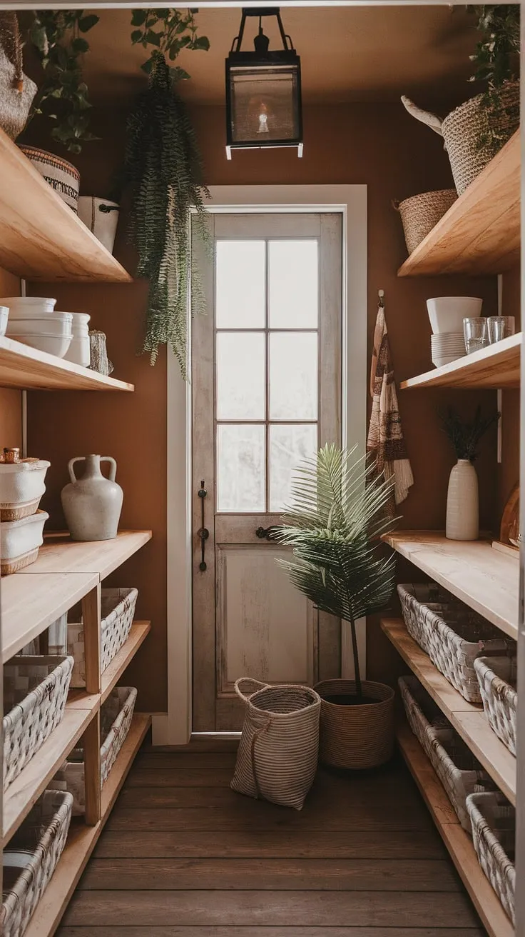 Sunlight streams through the window of this rustic pantry, illuminating the charming boho details: woven baskets, a thriving potted plant, and a flickering lantern, all nestled amongst earthy tones and hanging greenery. A perfect blend of practicality and style.