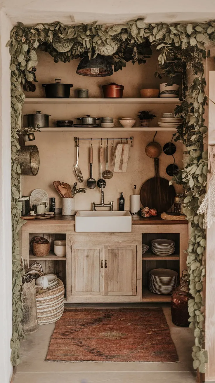 A haven for the home chef, this boho-inspired pantry offers both beauty and practicality. The charming sink, rustic cabinets, and carefully curated collection of pots, pans, and dishes create a space that's as functional as it is aesthetically pleasing. A true testament to the power of blending rustic charm with a touch of bohemian flair.