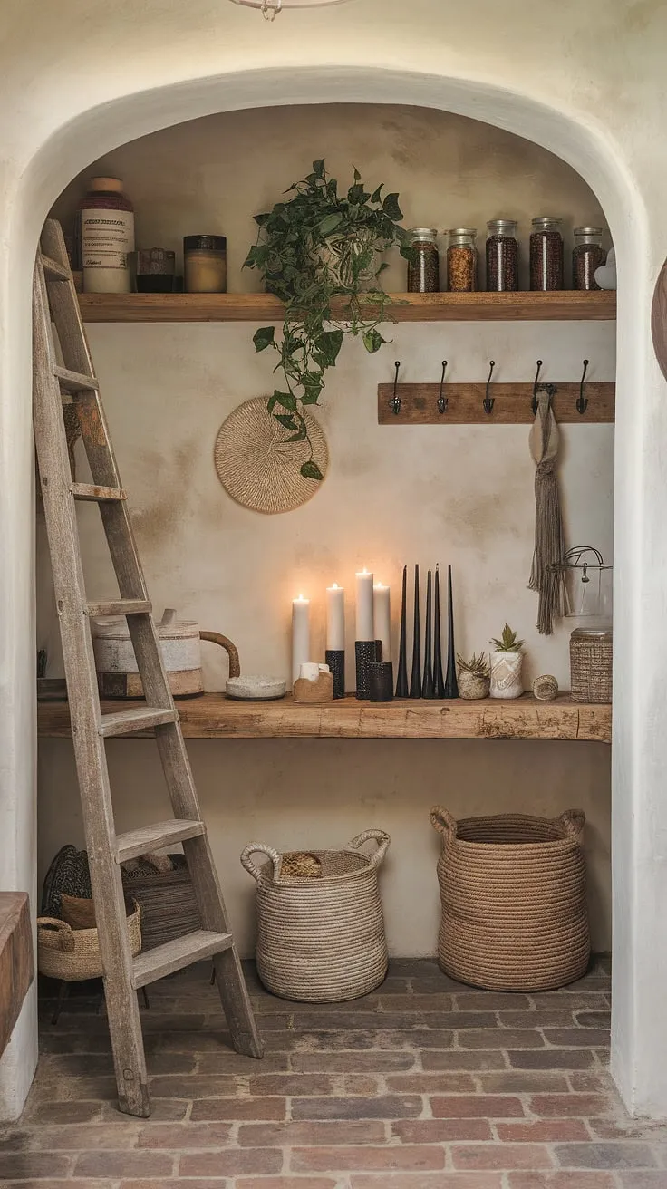 A touch of a magic in this boho pantry. The warm wood, the flickering candlelight, the carefully chosen jars-every detail whispers of a life lived intentionally, surrounded by beauty and the things that bring joy.