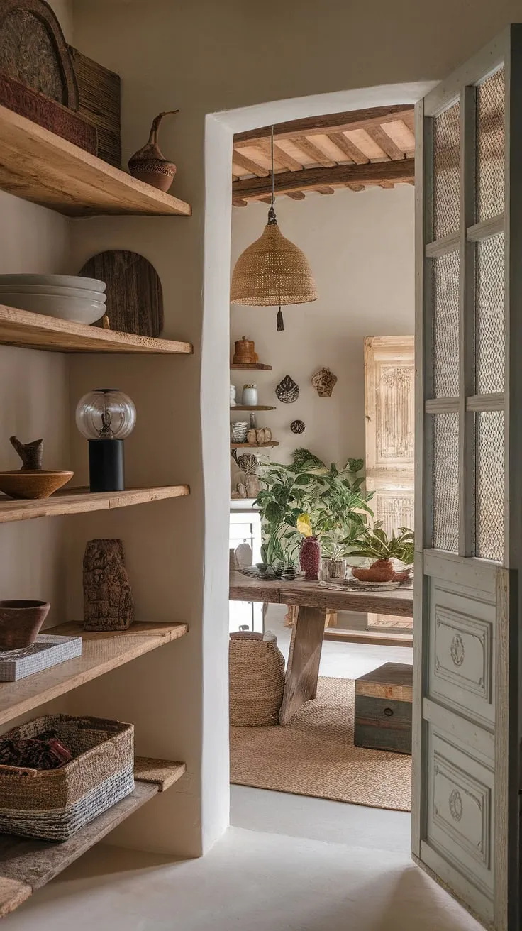 Step into a world of rustic charm and bohemian spirit, where the aroma of home-baked goods mingles with the earthy scent of handcrafted treasures. This pantry, a haven of warmth and vintage details, whispers stories of cozy evenings and cherished memories. The intricately designed door, the soft glow of the vintage lamp, and the carefully curated collection of items all contribute to a space that feels both lived-in and utterly enchanting.