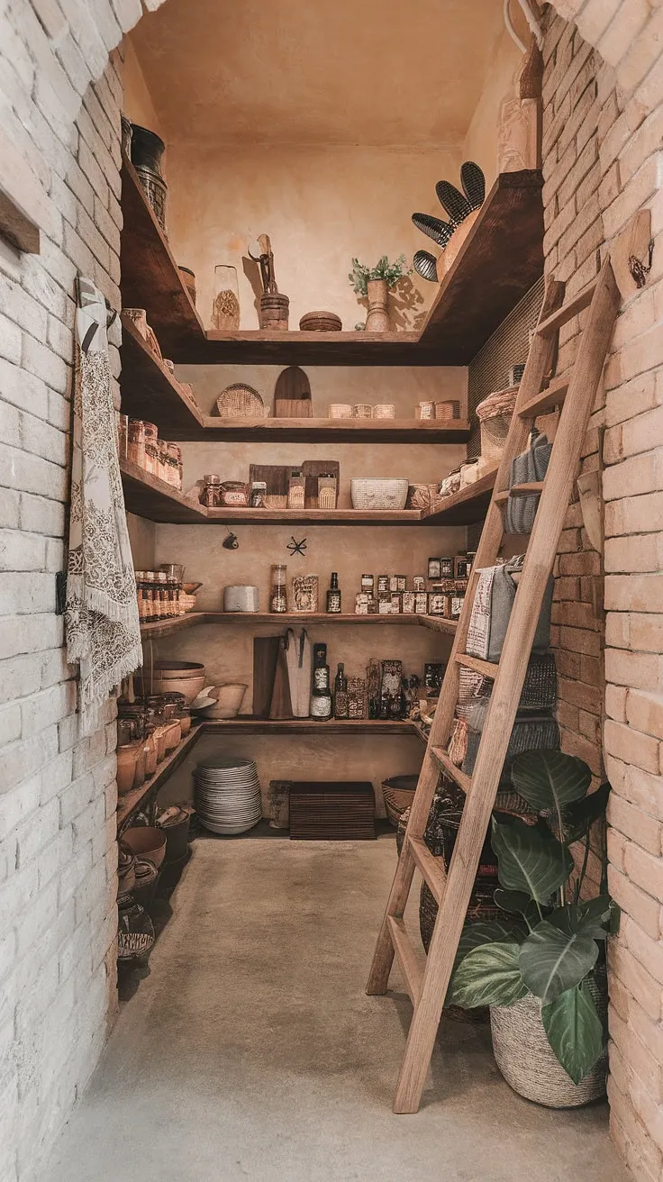 A rustic pantry, brimming with the warmth of home-cooked meals and the charm of bohemian style. The aged brick walls and wooden ladder add to the inviting atmosphere, while the carefully arranged jars and spices whisper tales of culinary adventures. A perfect blend of practicality and personality.