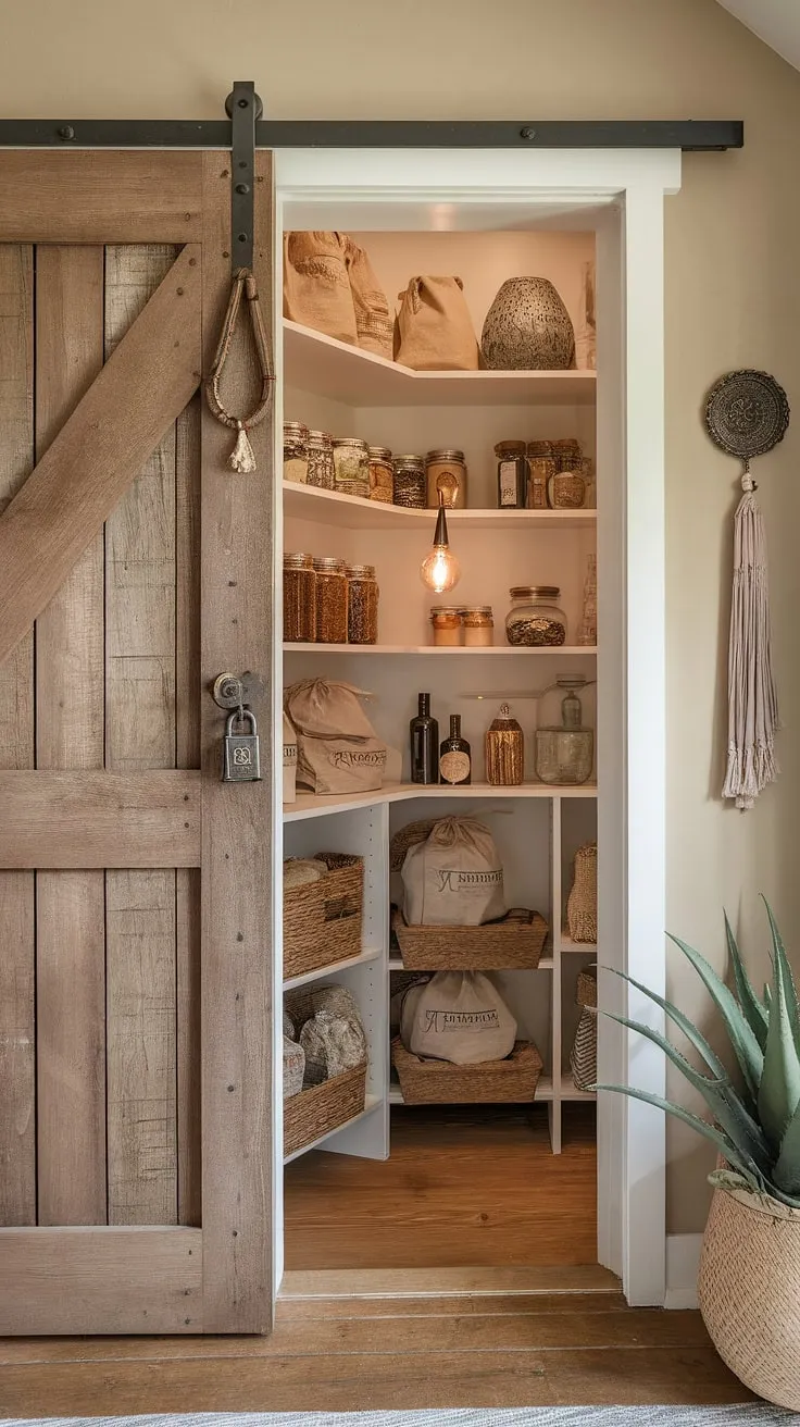 Step inside this rustic boho haven, where a vintage pantry door, secured by a timeworn lock, a guards a treasure trove of culinary delights and charming vintage finds. The warm glow of a vintage lamp illuminates shelves brimming with jars, bottles, and bags, a testament to simple living and cherished memories.