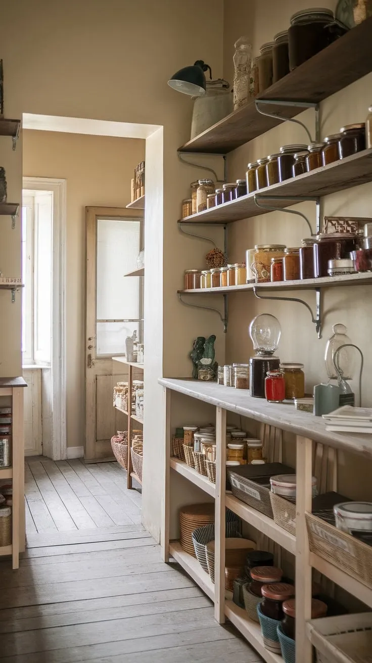 Sunlight streams through the window, illuminating dust motes dancing in the air of this charming pantry. Rows of A carefully preserved goods stand testament to a year of hard work and thoughtful preparation. A quiet sanctuary, brimming with the promise of delicious meals to come.
