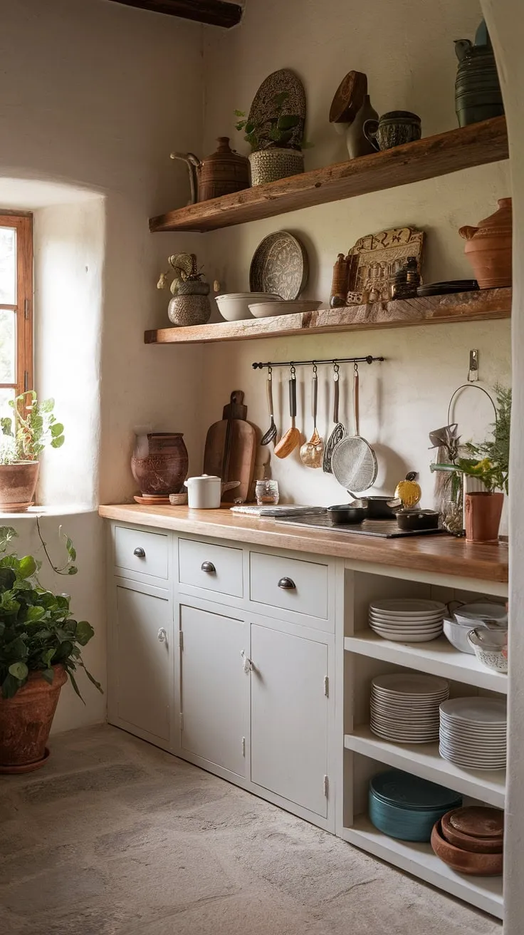 This rustic pantry, with its white cabinets and wooden countertop, is a testament to the beauty of blending boho style with earthy charm. The carefully curated collection of pots, pans, and utensils speaks to a love of cooking and a life well-lived. A haven for culinary creativity, it's a space where functionality meets artistic expression.