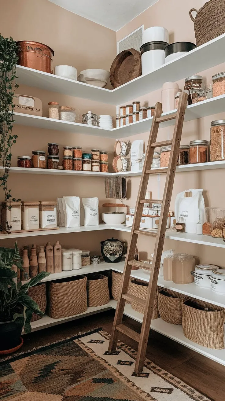 A rustic pantry, brimming with the bounty of homemade preserves and pantry staples, speaks to a life lived simply and deliciously. The wooden ladder, a testament to reaching for the things that nourish both body and soul, adds a touch of charming practicality to this boho kitchen haven. A potted plant adds a touch of life to this organized space.