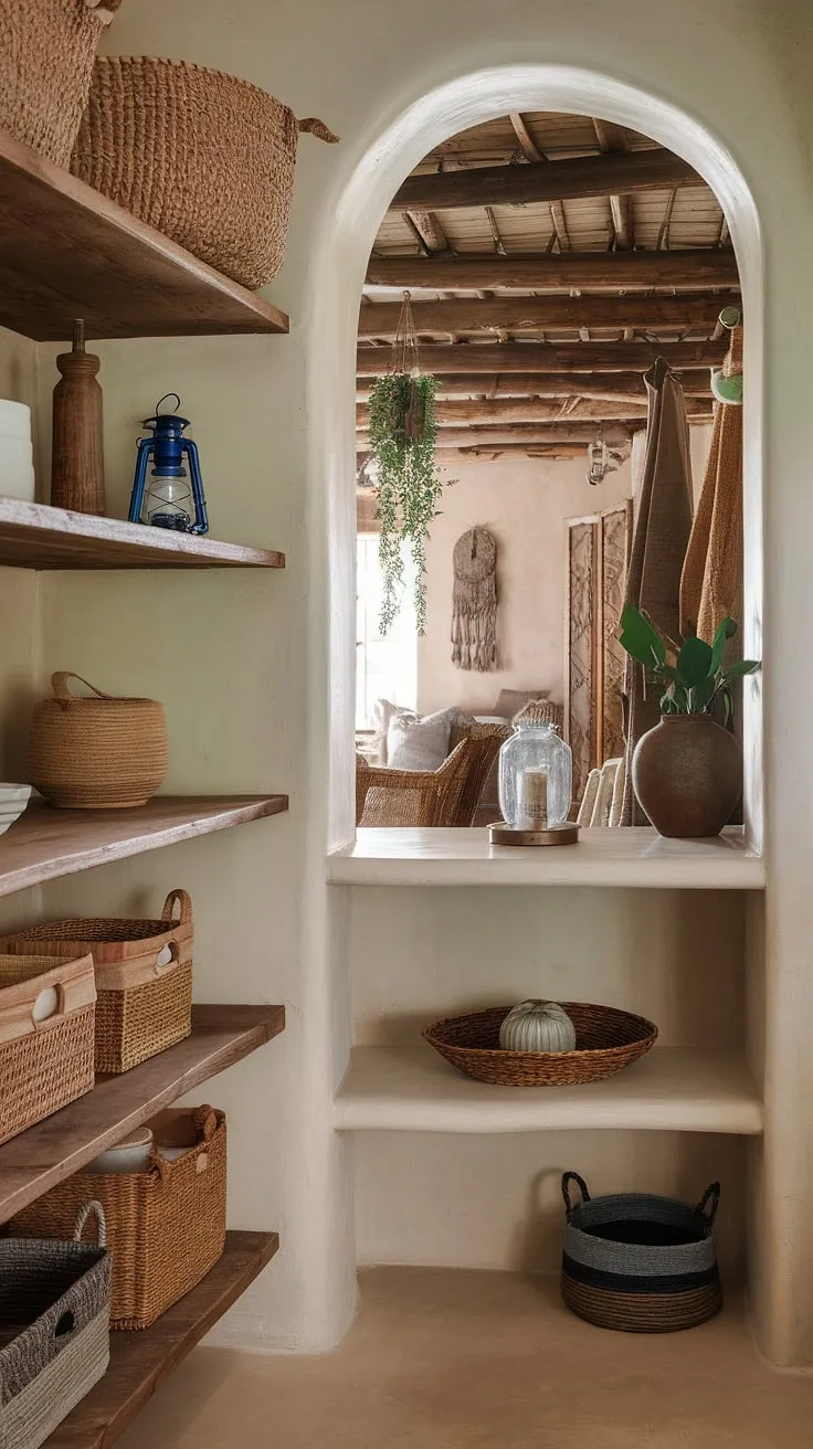 A curated collection of rustic treasures and bohemian accents transforms this pantry into a charming focal point. The wooden shelves, thoughtfully arranged with baskets and decorative items, speak to a love of handcrafted details and a commitment to creating a space that feels both practical and aesthetically pleasing. A small, yet perfectly styled butler's pantry adds an extra layer of rustic elegance, completing the overall earthy and inviting ambiance of this home.