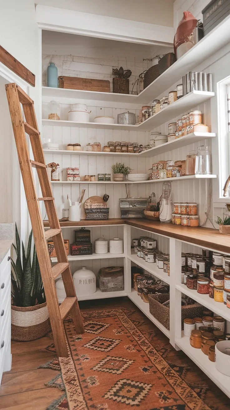 A rustic pantry, brimming with the comforting aroma of home-cooked meals and the promise of culinary adventures. The wooden ladder, a testament to reaching for those hard-to-reach jars, adds a touch of charming practicality to this boho kitchen haven. Sunlight streams in, illuminating the carefully curated collection of canned goods and herbs, a testament to mindful living and a love for good food.