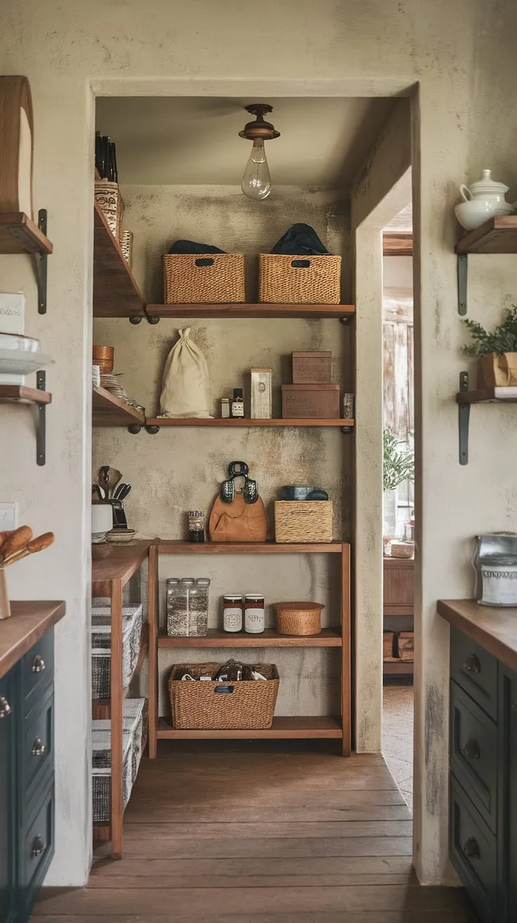 Step into a world of rustic charm and boho elegance. This pantry, with its aged wooden shelves and vintage lighting, is a testament to the beauty of simple living. The carefully curated collection of jars, baskets, and boxes speaks to a life lived with intention and a deep appreciation for the comforting details. A space where functionality meets artistry, it's a haven of warmth and tranquility.