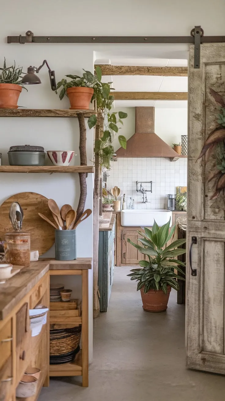 The heart of the home, this boho-inspired pantry is a testament to rustic elegance. A vintage lamp illuminates a collection of cherished kitchen tools displayed on a charming branch shelf, nestled within a weathered wooden cabinet. The space seamlessly connects the rustic pantry with the spacious farmhouse kitchen, creating a harmonious blend of style and functionality.