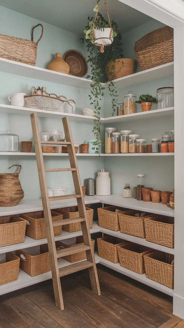 This rustic pantry, painted a calming blue, is a haven of earthy charm. Wooden shelves overflow with jars, baskets, and pots, a testament to simple living and mindful storage. A hanging plant adds a touch of life, while the wooden ladder provides easy access to even the highest shelves. It's a space where functionality meets beauty, a true reflection of a cozy and organized home.
