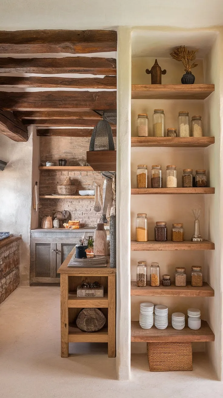 Warmth, texture, and effortless style define this rustic boho kitchen and pantry. From the carefully arranged jars filled with culinary treasures to the exposed brick and wooden beams, every detail speaks to a life lived with intention. The addition of a butler's pantry elevates the space, creating a haven of organized beauty. A perfect blend of function and bohemian flair.