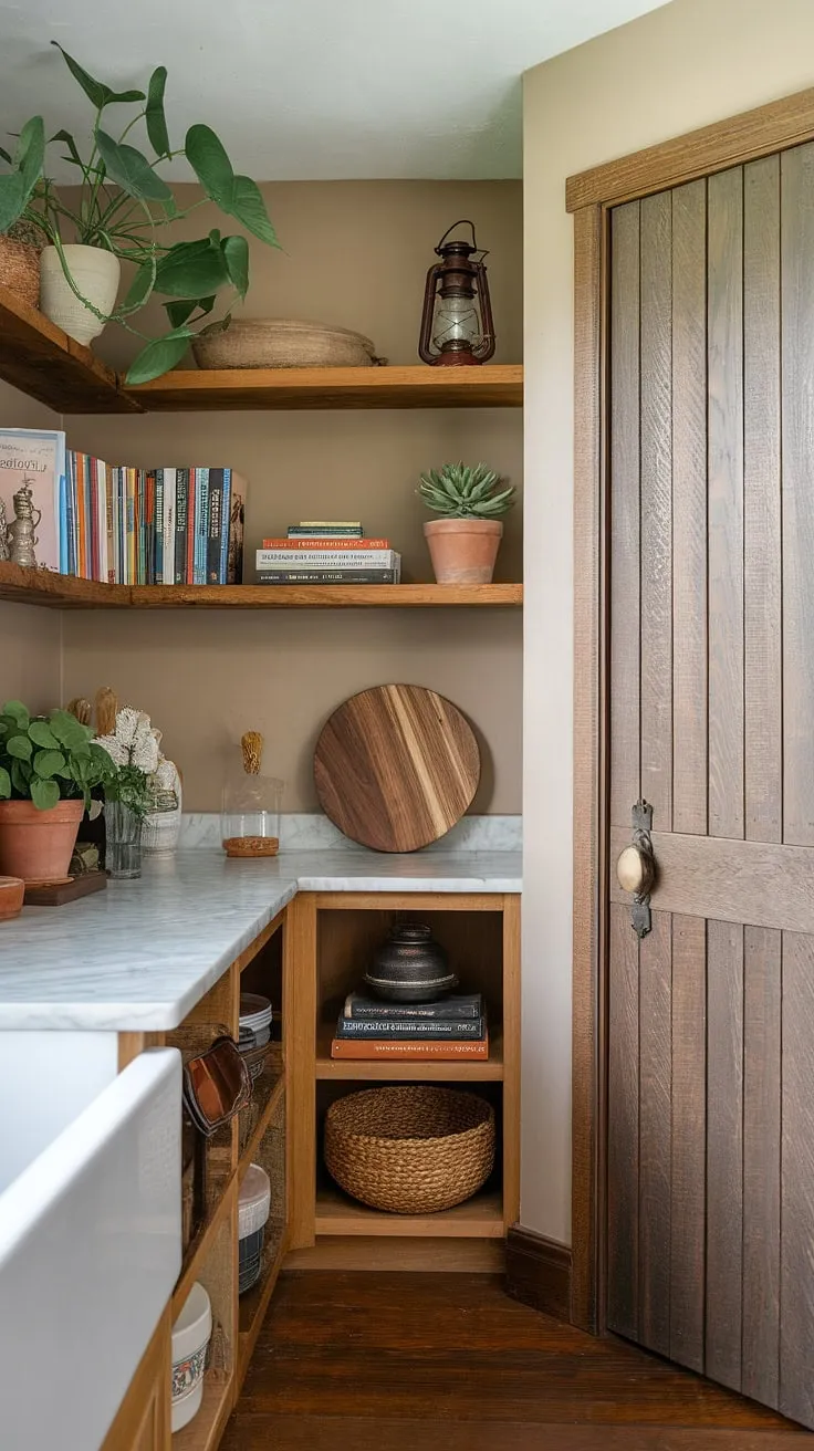 This boho kitchen is a dream. A stunning marble countertop anchors the space, while open wooden shelves display cherished cookbooks and decorative accents. The addition of a rustic butler's pantry adds both functionality and character, creating a kitchen that's as beautiful as it is practical. A true haven for the home chef.
