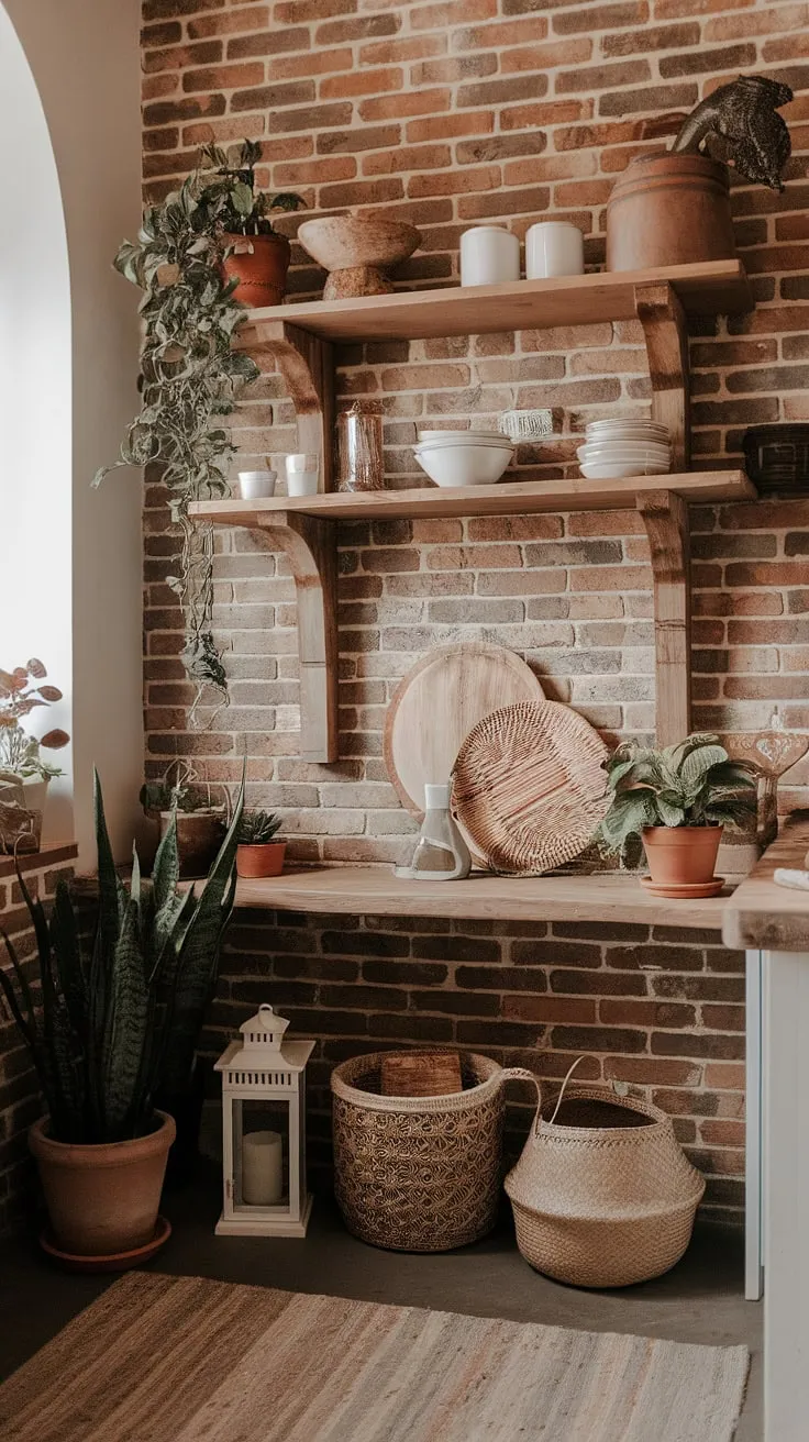 This rustic butler's pantry, with its exposed brick wall and warm wooden shelving, is a haven of earthy charm. The carefully curated collection of A. jars, plants, and woven baskets creates a space that feels both functional and deeply inviting.