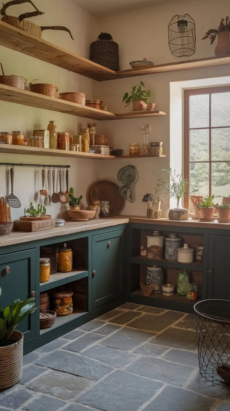 Sunlight streams through the window, illuminating this charming boho pantry. The dark green cabinetry contrasts beautifully with the warm wood and stone, creating a cozy and inviting atmosphere. A collection of preserved foods, cooking utensils, and potted plants add a touch of rustic elegance, making this space as much a joy to behold as it is to use. It's the perfect example of how to blend functionality with style.