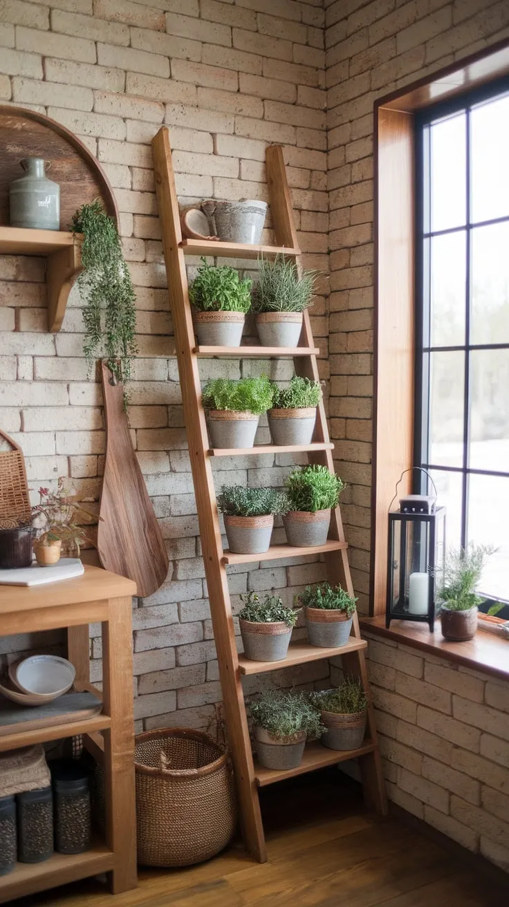 This boho kitchen pantry is a testament to simple living. The rustic brick walls, a wooden ladder brimming with potted herbs, and the soft glow of natural light create a space that feels both functional and utterly enchanting. A perfect blend of rustic charm and modern simplicity.