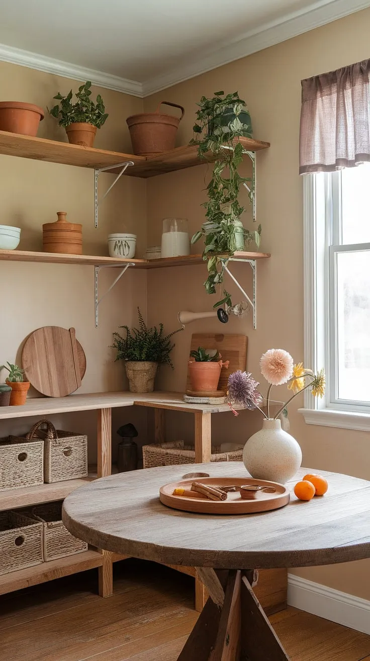 Sunlight streams through the window, illuminating this beautifully organized pantry. Wooden shelves overflow with kitchen essentials, while a large round table serves as a charming centerpiece, adorned with a simple yet elegant arrangement of flowers, spices, and fruit. It's a space where practicality and beauty coexist seamlessly.
