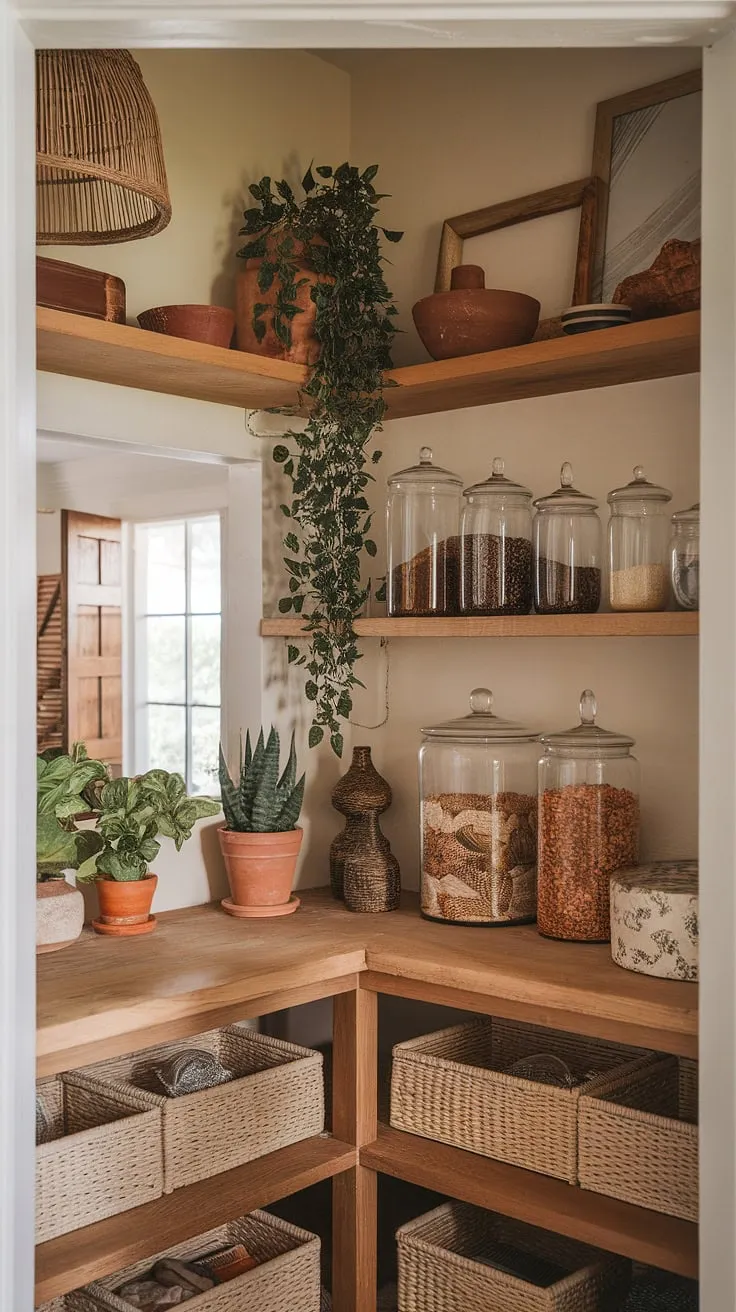 A rustic pantry, brimming with the earthy scents of dried herbs and spices in glass jars, perfectly complements the boho kitchen's natural aesthetic. The addition of potted plants and warm wooden shelves creates a calming and inviting space, a true haven for the home chef. A glimpse of the butler's pantry beyond adds a touch of refined practicality.