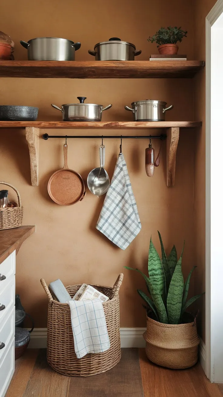 Warm beige walls and rustic wooden shelves create the perfect backdrop for this boho kitchen pantry. A wicker basket overflows with soft linens, nestled amongst gleaming copper pots and well-loved utensils, a testament to the heart of the home. A thriving plant adds a touch of life to this organized and inviting space.