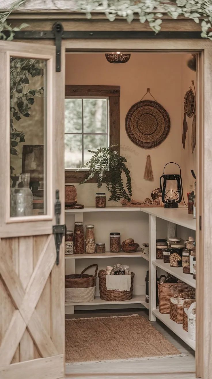 Step into this rustic pantry, a haven of earthy charm where the aroma of homegrown herbs mingles with the soft glow of a lantern. A curated collection of jars, baskets, and treasured finds creates a space that's both functional and beautifully styled. The window offers a glimpse of the lush greenery beyond, completing this idyllic scene.