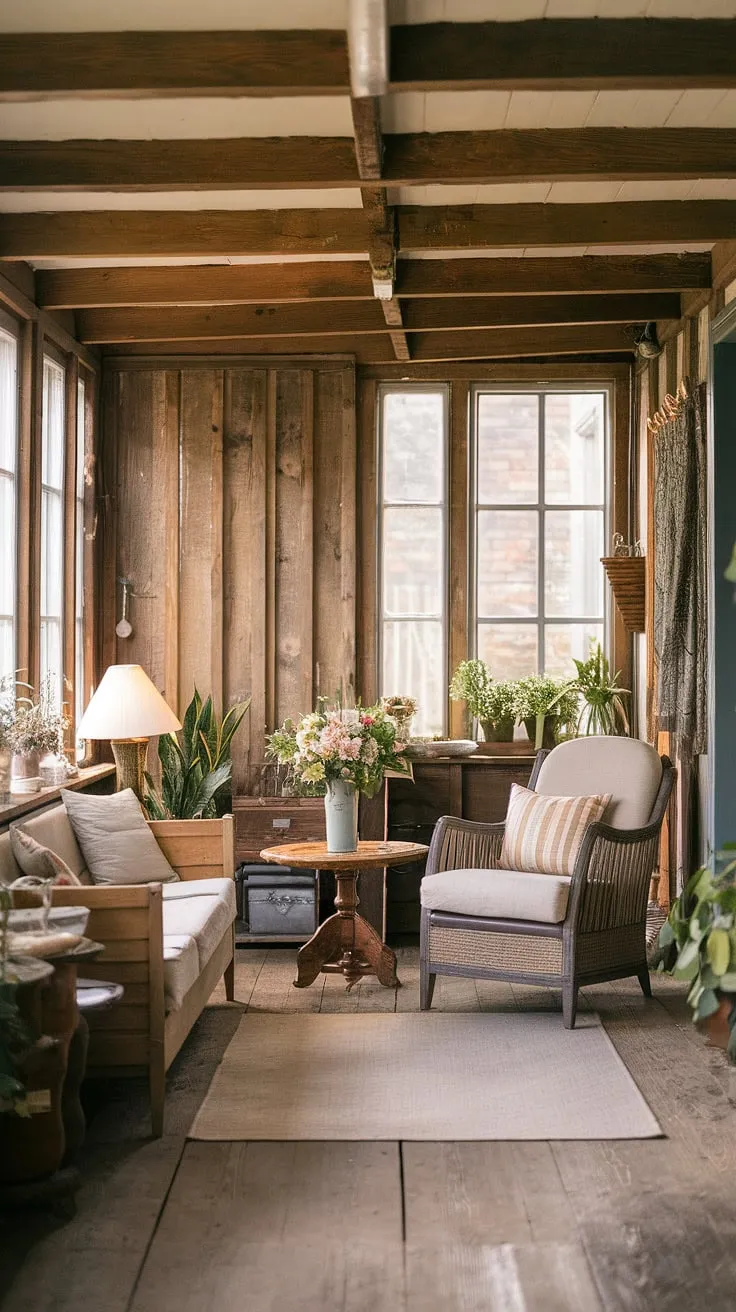 Sunlight streams through the aged windows of this rustic sunroom, illuminating the worn wooden floors and comfortable furniture. A vase of wildflowers sits on the wooden table, adding a touch of nature to this cozy retreat. The exposed beams and paneled walls whisper tales of generations past, creating an atmosphere of warmth and quiet contemplation. This is where memories are made.