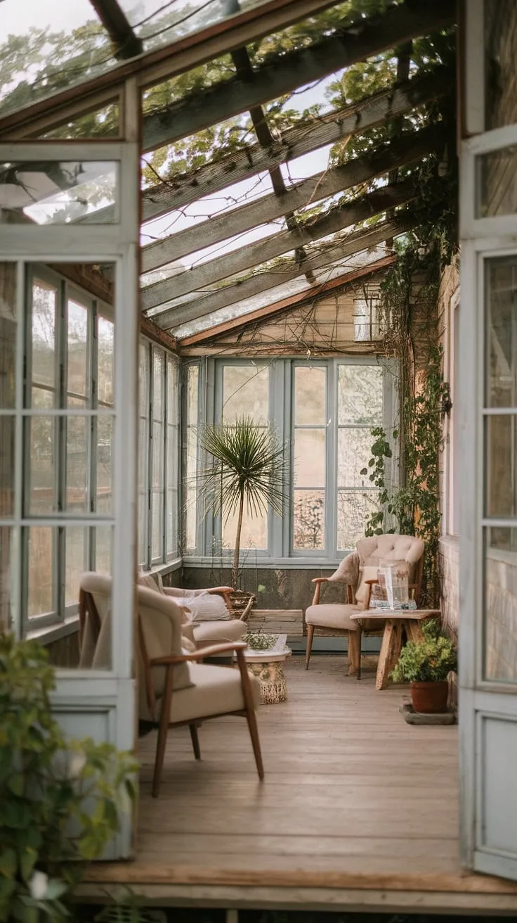 Lost in the embrace of nature, this sunroom whispers tales of old houses and quiet afternoons. The gentle light filtering through the climbing vines creates an atmosphere of serenity, ideal for a moment of blissful relaxation.