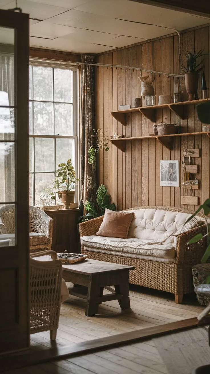 This old house's sunroom is a testament to simple elegance. A comfortable sofa and armchair invite relaxation, while the rustic wood walls and shelves whisper stories of generations past. A quiet corner to unwind, filled with the warmth of natural light and the comforting presence of a thriving plant; a true sanctuary.