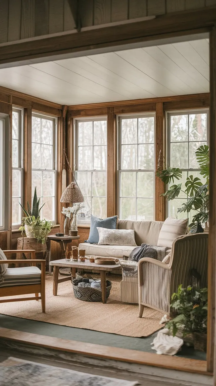 Sunlight streams into this rustic sunroom, warming the worn wood and cozy furniture. A perfect spot for quiet contemplation, a good book, and a warm cup of tea. A haven of peace, a sanctuary of comfort, a testament to simpler times.