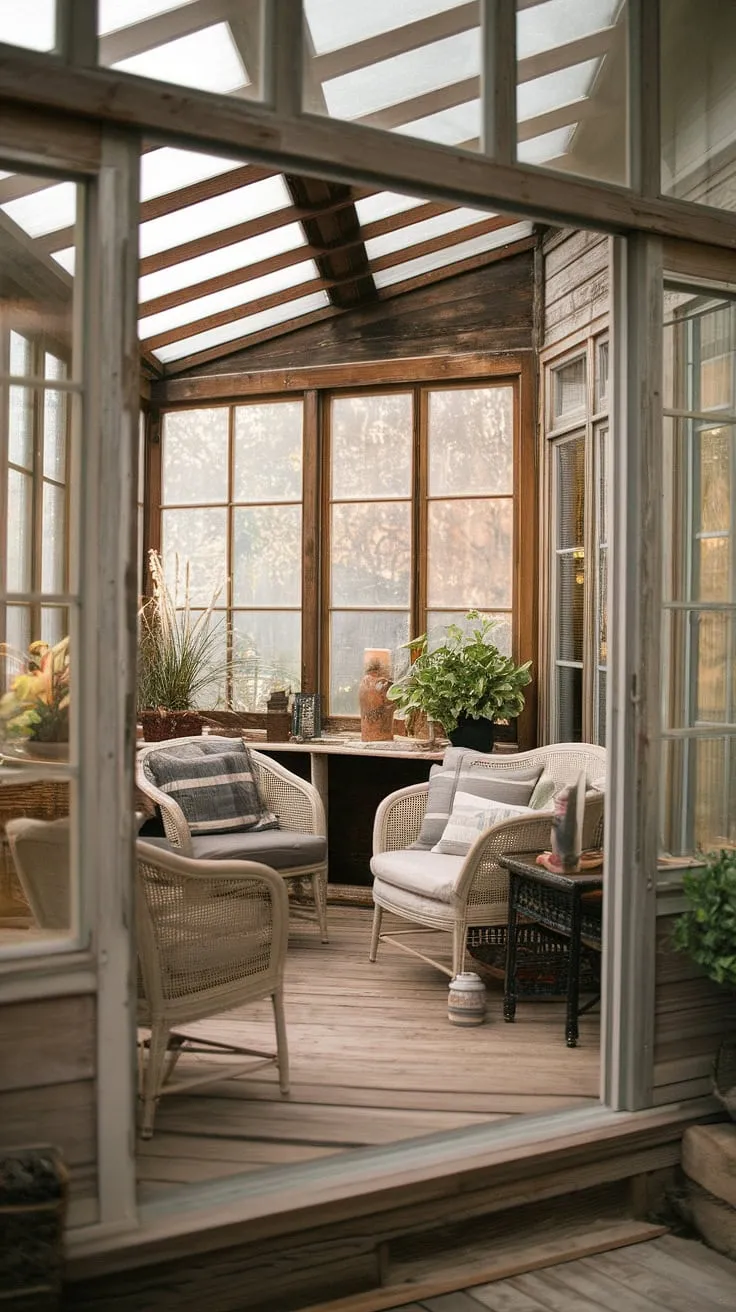 Sunlight streams into this cozy rustic sunroom, warming the worn wooden floors and comfortable furniture. A perfect spot for quiet contemplation, a good book, and a warm cup of tea. A haven of peace in a busy world.