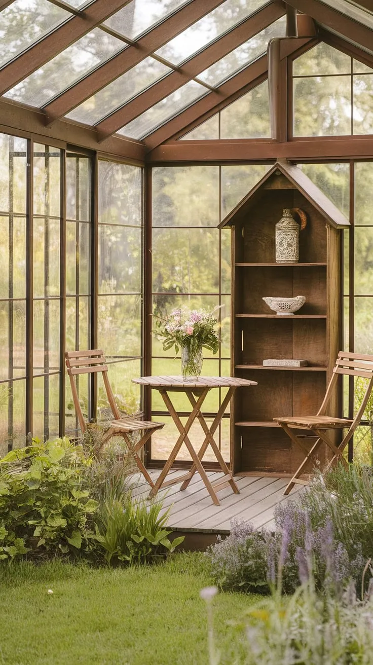 Sunlight streams through the glass walls of this rustic sunroom, illuminating the comfortable furniture and lush green garden beyond. A perfect spot for quiet contemplation, a morning coffee, or a relaxing afternoon with a good book. The wooden details and charming decor create a peaceful atmosphere, a true sanctuary.
