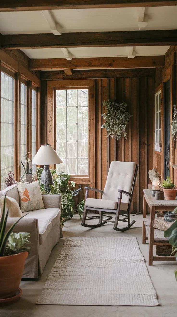 Escape to this charming sunroom, where the rustic wood walls and comfortable furniture create a haven of tranquility. Settle into the rocking chair with a good book, or relax on the sofa and enjoy a peaceful afternoon bathed in natural light.